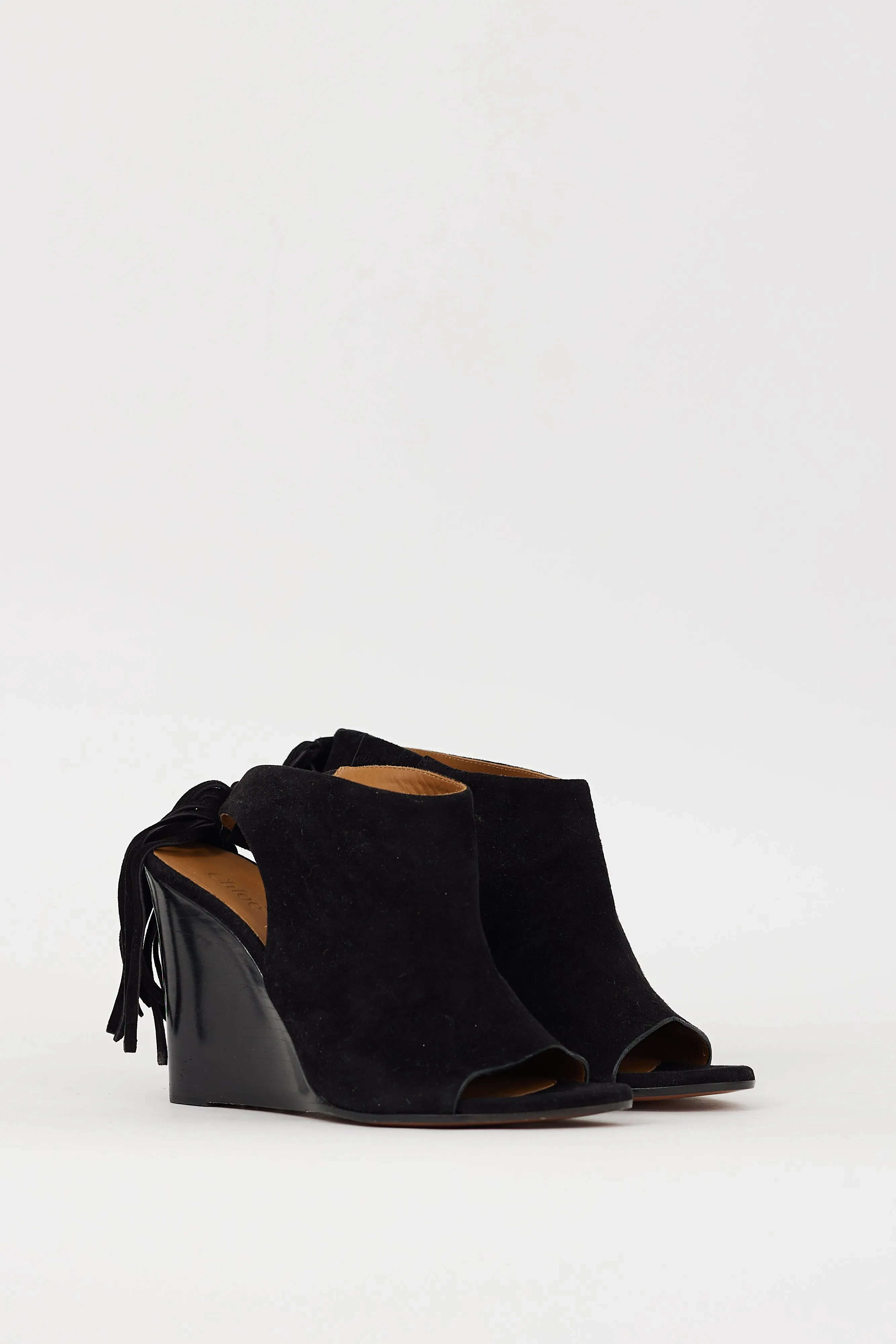 Black Suede Fringe Peep Toe Heel