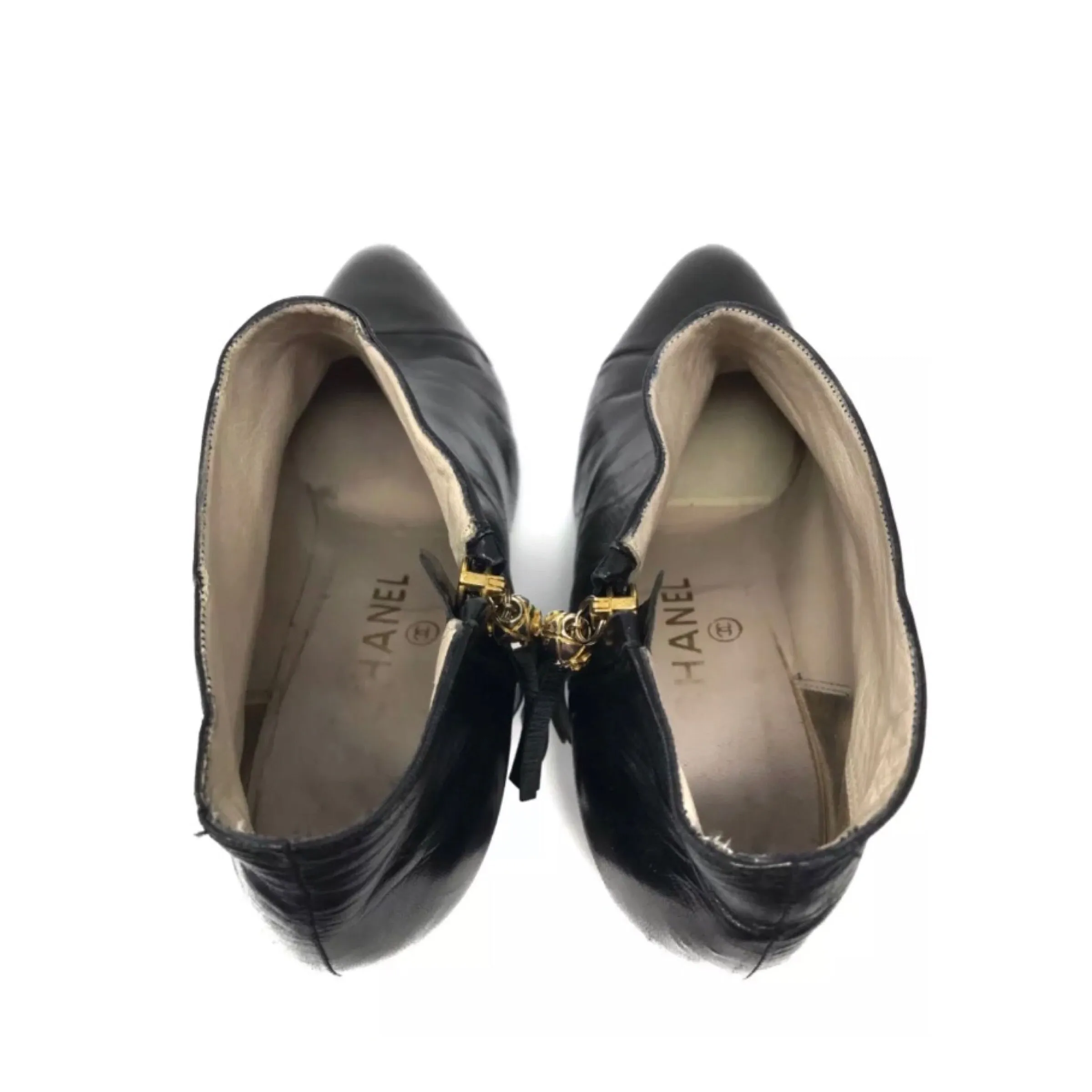 Chanel Black Ankle Boots Leather Cap Toe With Tassle