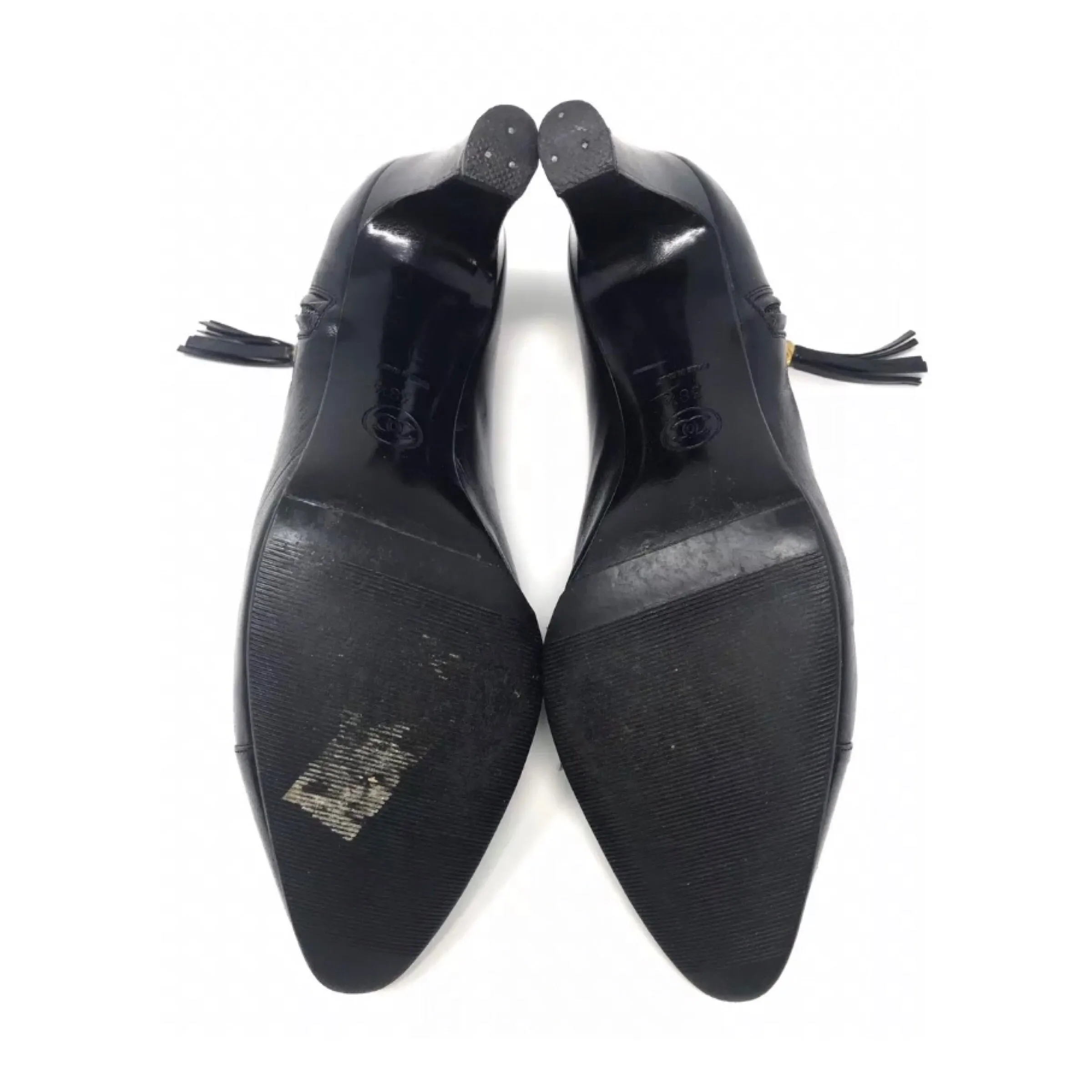 Chanel Black Ankle Boots Leather Cap Toe With Tassle