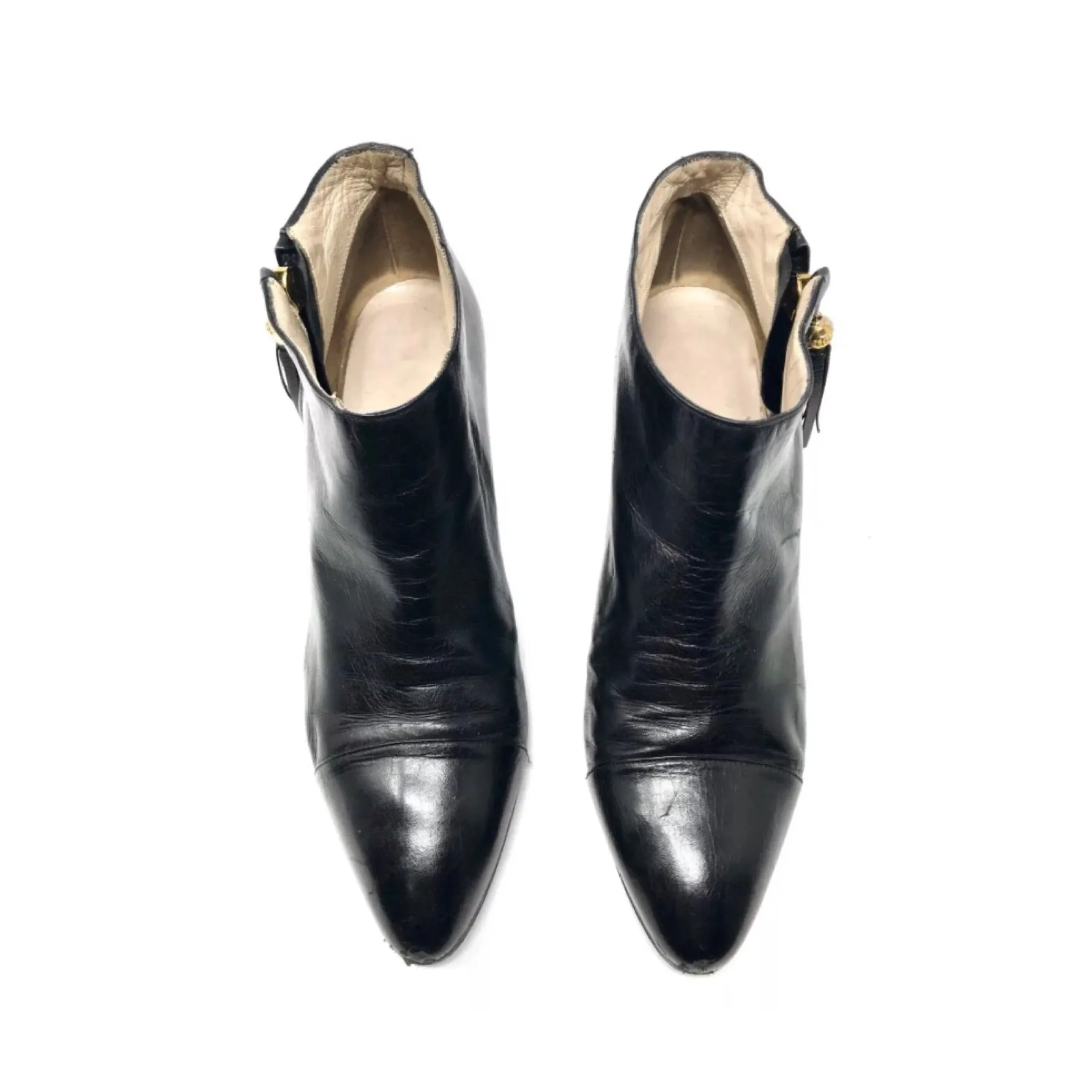 Chanel Black Ankle Boots Leather Cap Toe With Tassle