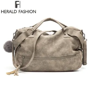 Christmas Gift Vintage Nubuck Leather Female Top-handle Bags Rivet Large Women Bags Plush Ball Shoulder Bag New Motorcycle Bag Tote Handbag