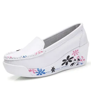 Genuine Leather Platform Wedges White Lady Casual Shoes