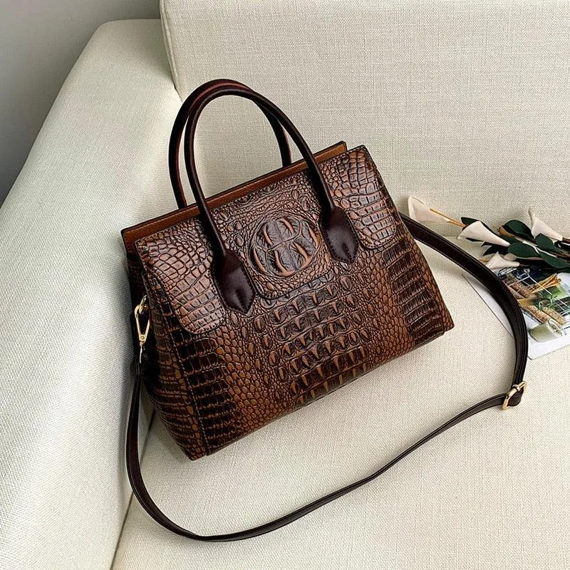 Genuine Leather Women Crocodile Luxury Handbags Designer Crossbody Bags Retro Tote Purse