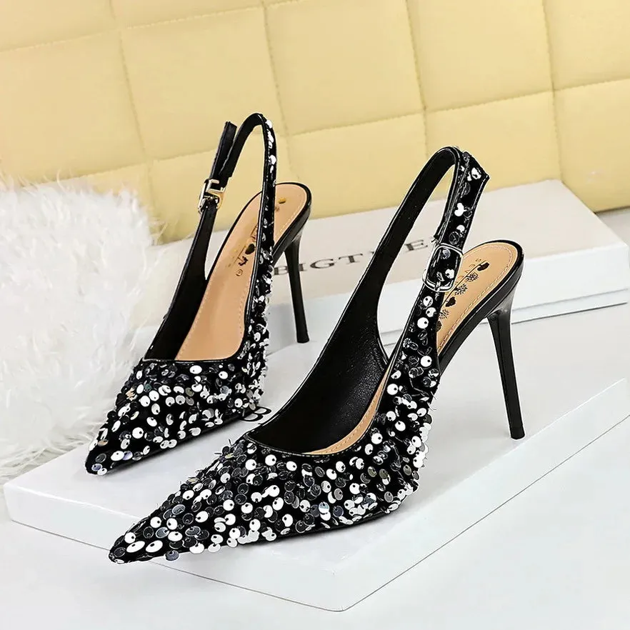 Glitter Luxury Pointed Toe Golden Thin Heels Party Dress High Heel