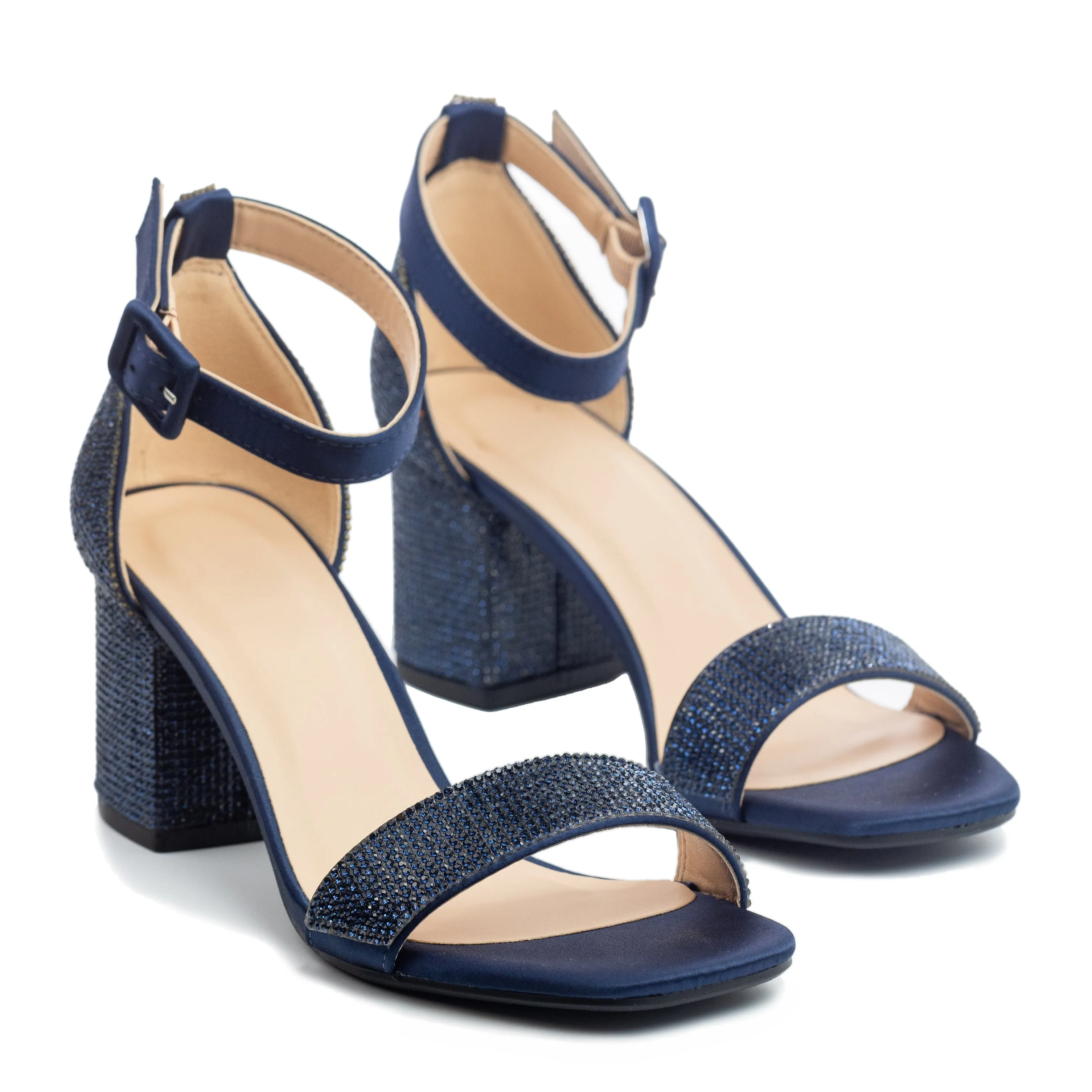 Greta - Embellished Ankle Strap Mid Block Heels