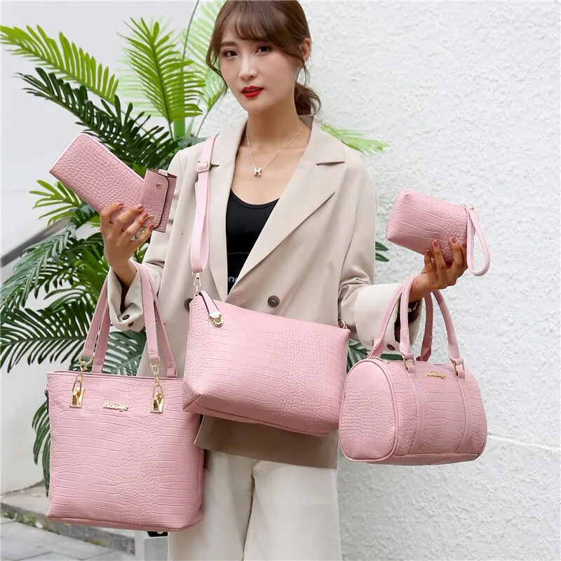 Large Capacity Women Pu Leather Handbags Fashion 6 Pieces Set Shoulder Crossbody Bags High Quality Ladies Tote Messenger Bag New