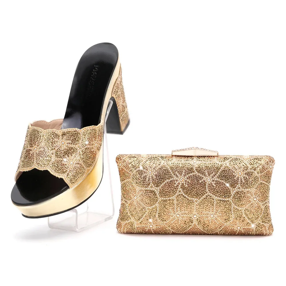 New Red Color Cutout Pumps High Heels Decorated with Rhinestone Flower Shoes and Bags Set
