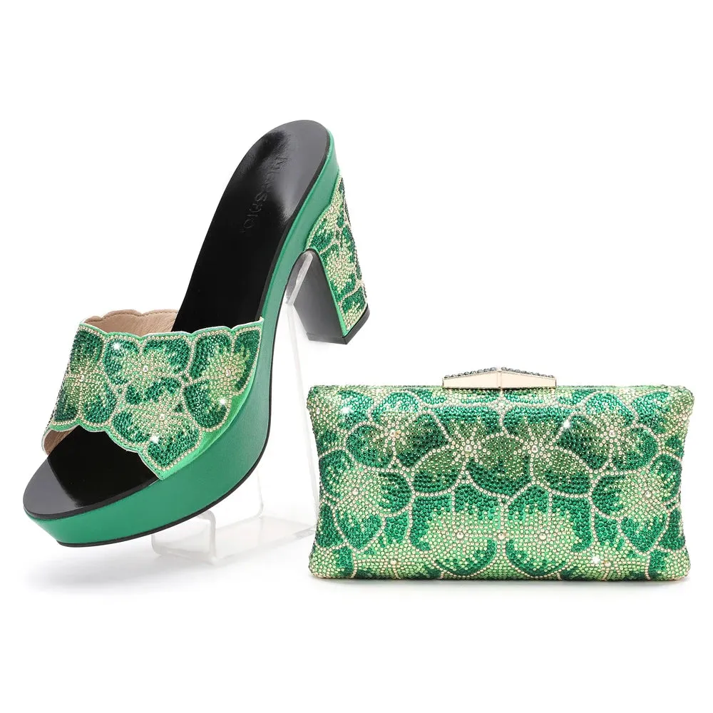 New Red Color Cutout Pumps High Heels Decorated with Rhinestone Flower Shoes and Bags Set