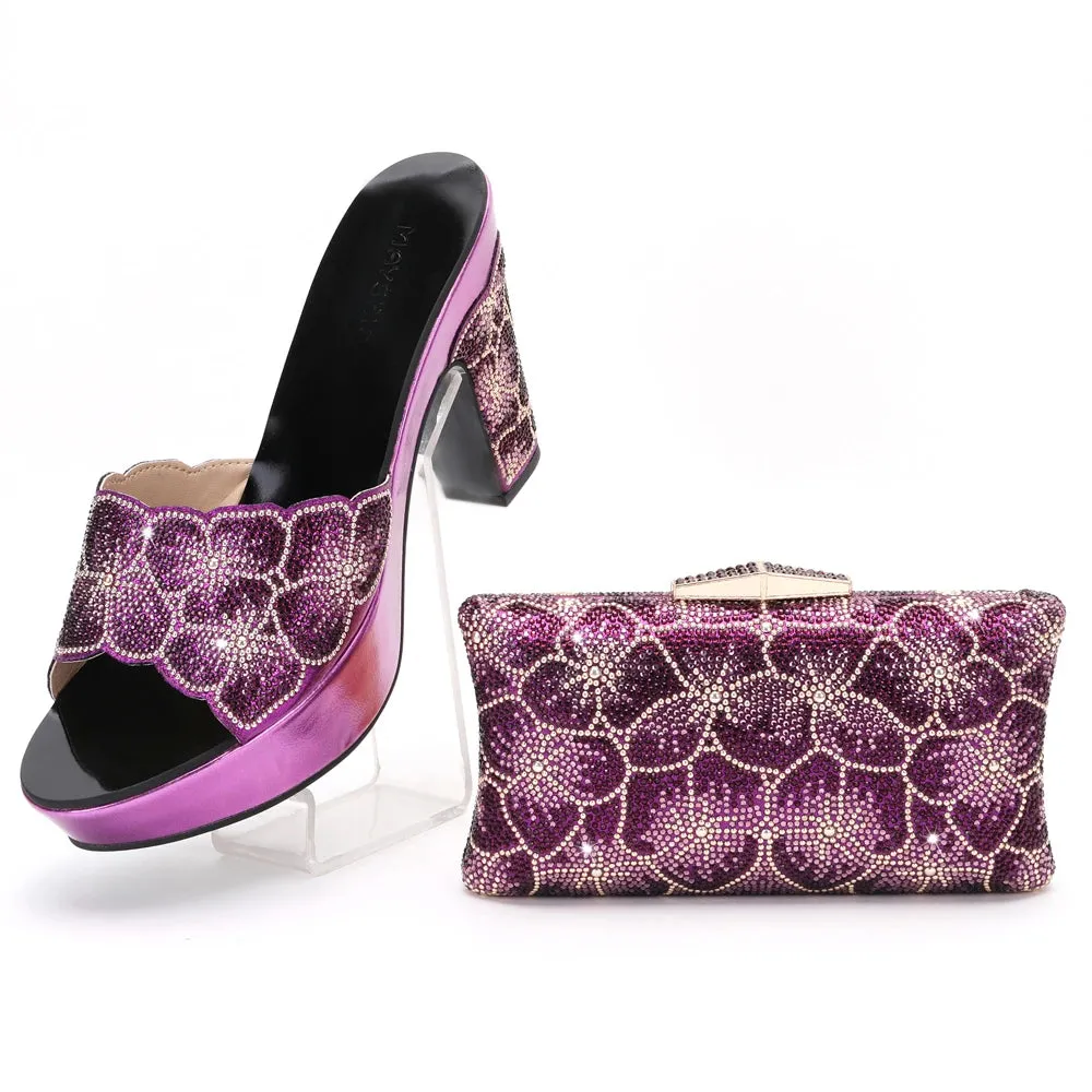 New Red Color Cutout Pumps High Heels Decorated with Rhinestone Flower Shoes and Bags Set