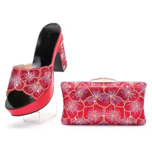 New Red Color Cutout Pumps High Heels Decorated with Rhinestone Flower Shoes and Bags Set