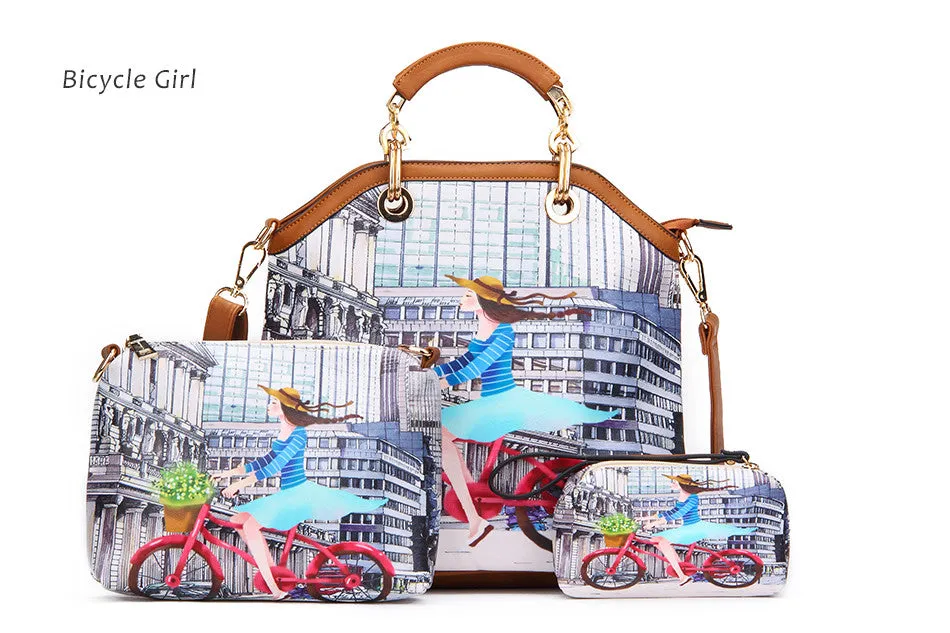 PU Leather 3PC Printed Handbags