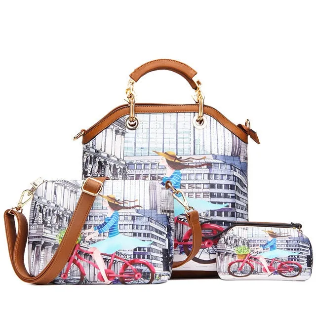 PU Leather 3PC Printed Handbags