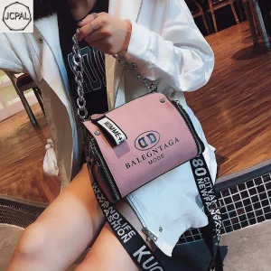 Scrub Leather Messenger Bag 2019 New Fashion Women Handbags Letter Wide Strap Chains Design Bucket Shoulder Bag Bolsa Feminina