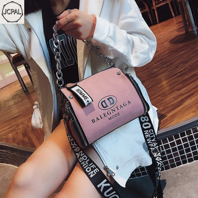 Scrub Leather Messenger Bag 2019 New Fashion Women Handbags Letter Wide Strap Chains Design Bucket Shoulder Bag Bolsa Feminina