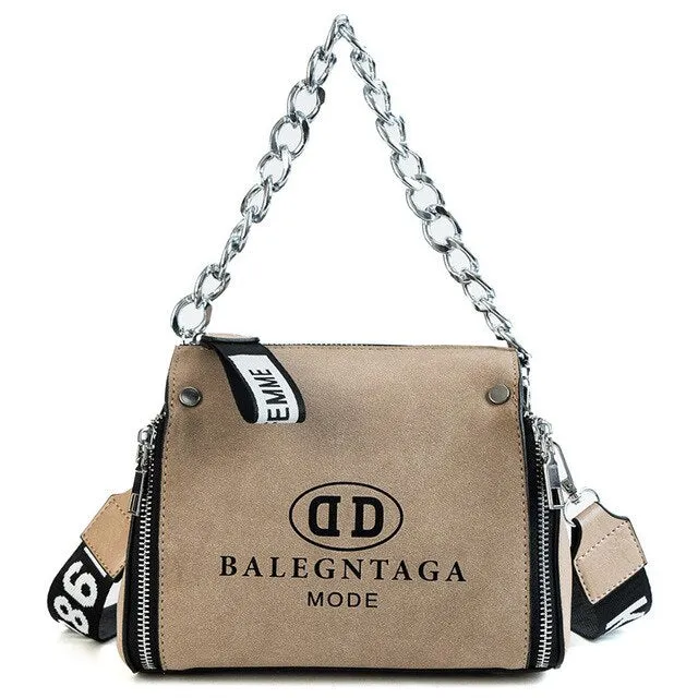 Scrub Leather Messenger Bag 2019 New Fashion Women Handbags Letter Wide Strap Chains Design Bucket Shoulder Bag Bolsa Feminina