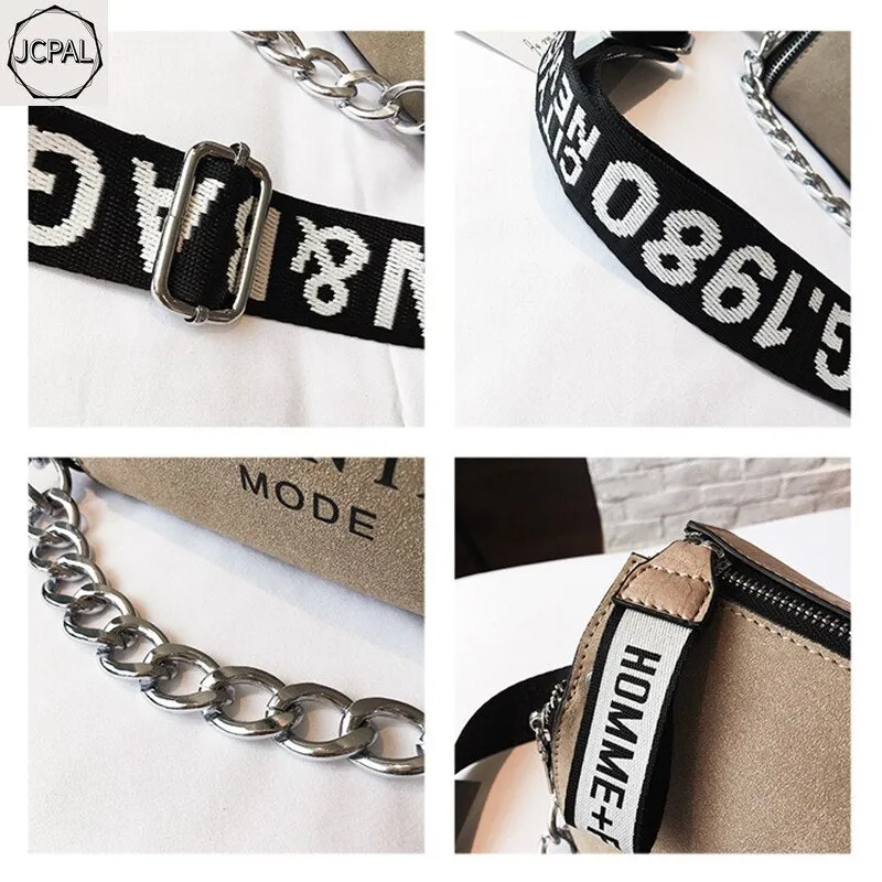 Scrub Leather Messenger Bag 2019 New Fashion Women Handbags Letter Wide Strap Chains Design Bucket Shoulder Bag Bolsa Feminina