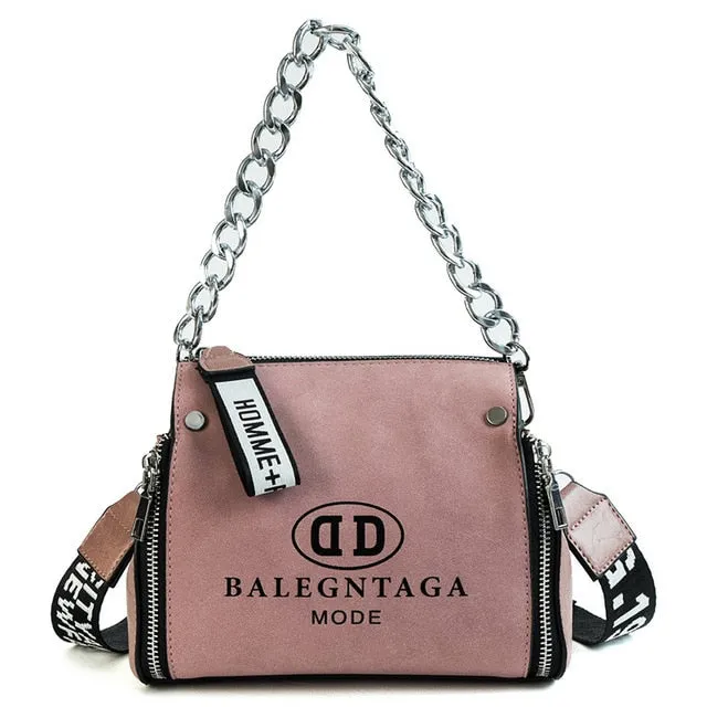 Scrub Leather Messenger Bag 2019 New Fashion Women Handbags Letter Wide Strap Chains Design Bucket Shoulder Bag Bolsa Feminina