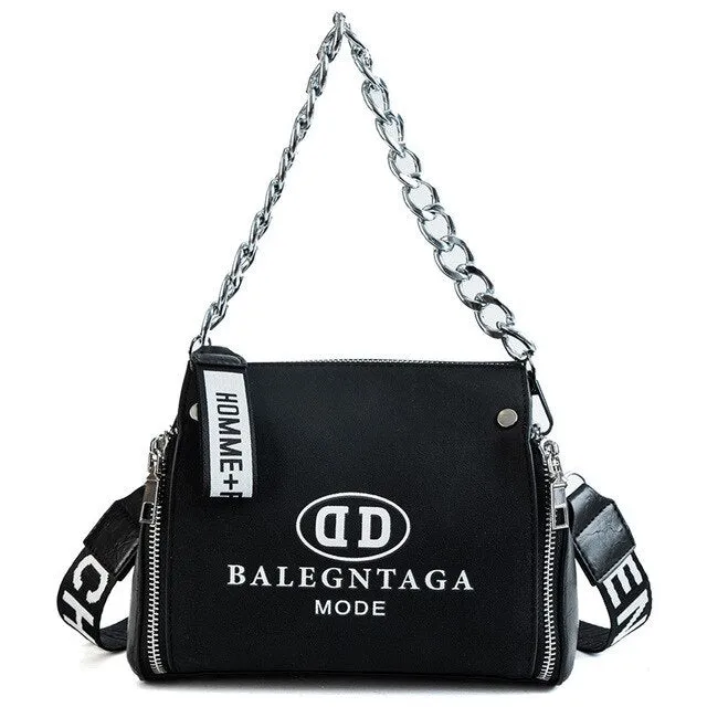 Scrub Leather Messenger Bag 2019 New Fashion Women Handbags Letter Wide Strap Chains Design Bucket Shoulder Bag Bolsa Feminina