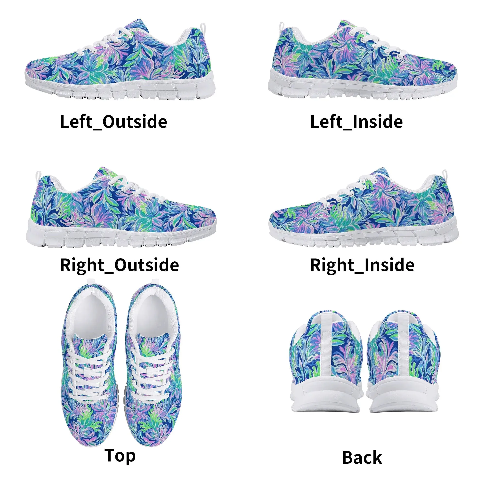 Seaside Serenade: Coastal Pink, Navy, and Green Tropical Blooms Dancing Womens EVA Mesh Running Shoes US5-US12