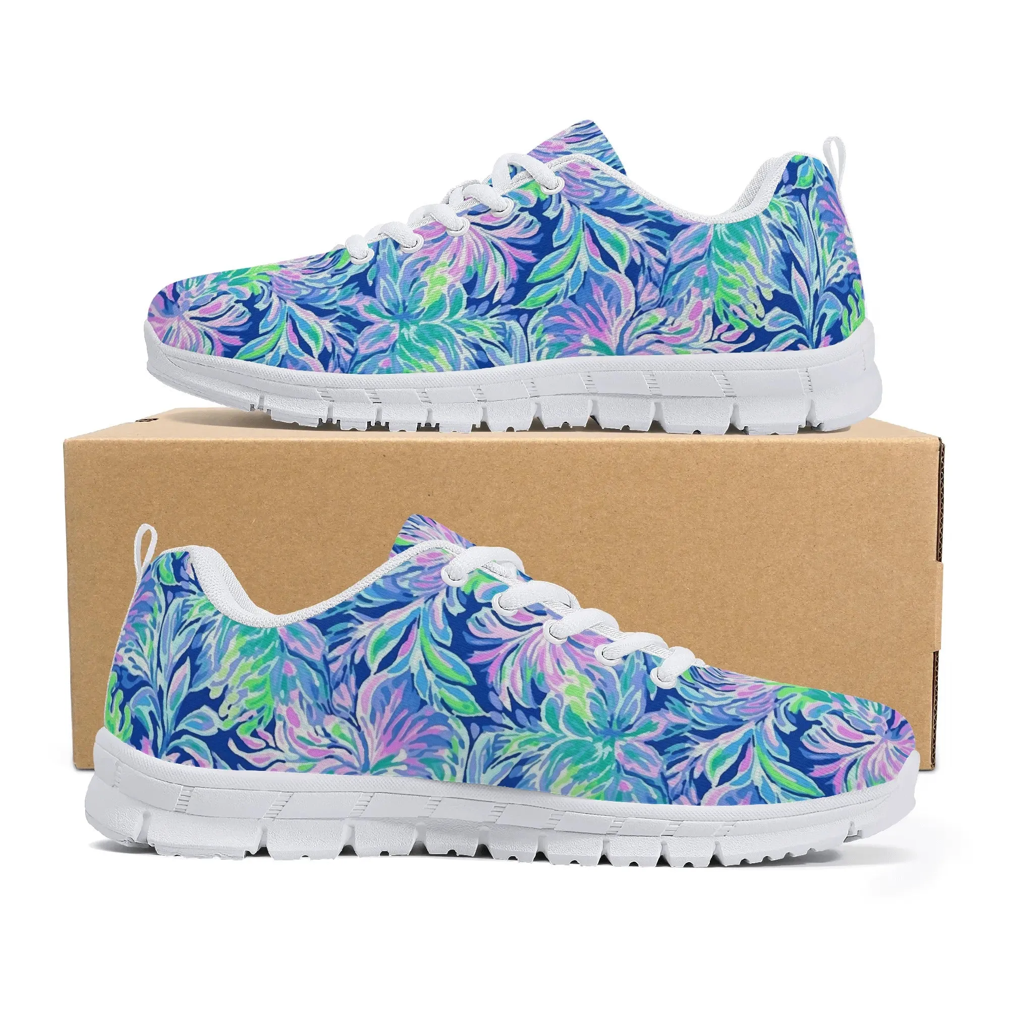 Seaside Serenade: Coastal Pink, Navy, and Green Tropical Blooms Dancing Womens EVA Mesh Running Shoes US5-US12