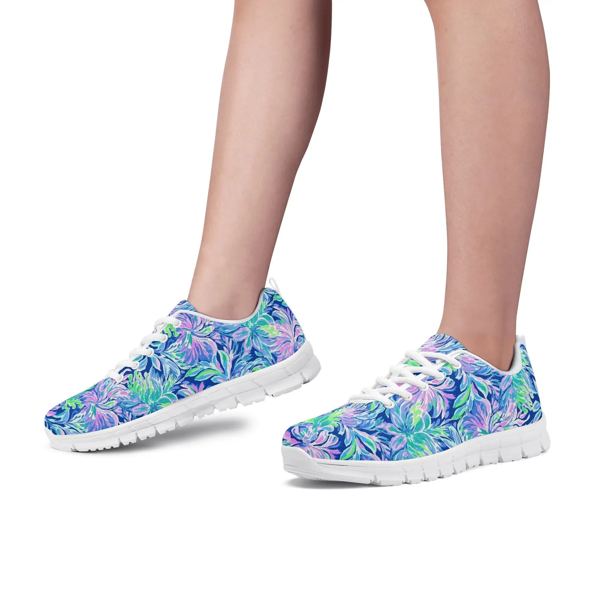 Seaside Serenade: Coastal Pink, Navy, and Green Tropical Blooms Dancing Womens EVA Mesh Running Shoes US5-US12