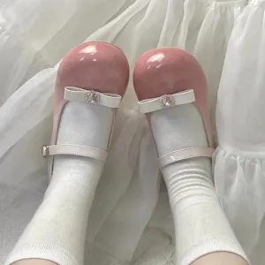 Sohiwoo Crystal Bowtie Pink Mary Jean Lolita Shoes Women 2024 Spring Patent Leather Low Heels Pumps Woman Japan Round Toe Cosplay Shoes