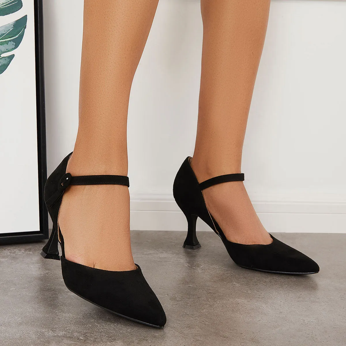 Sohiwoo woman formal Classic Pointy Toe Kitten Heels Ankle Strap Dress Pumps
