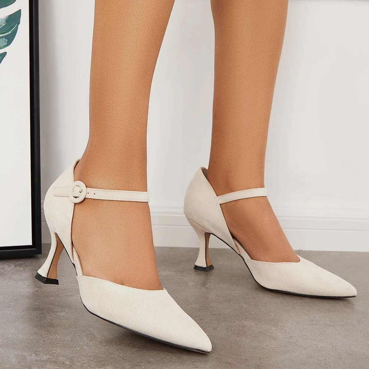 Sohiwoo woman formal Classic Pointy Toe Kitten Heels Ankle Strap Dress Pumps