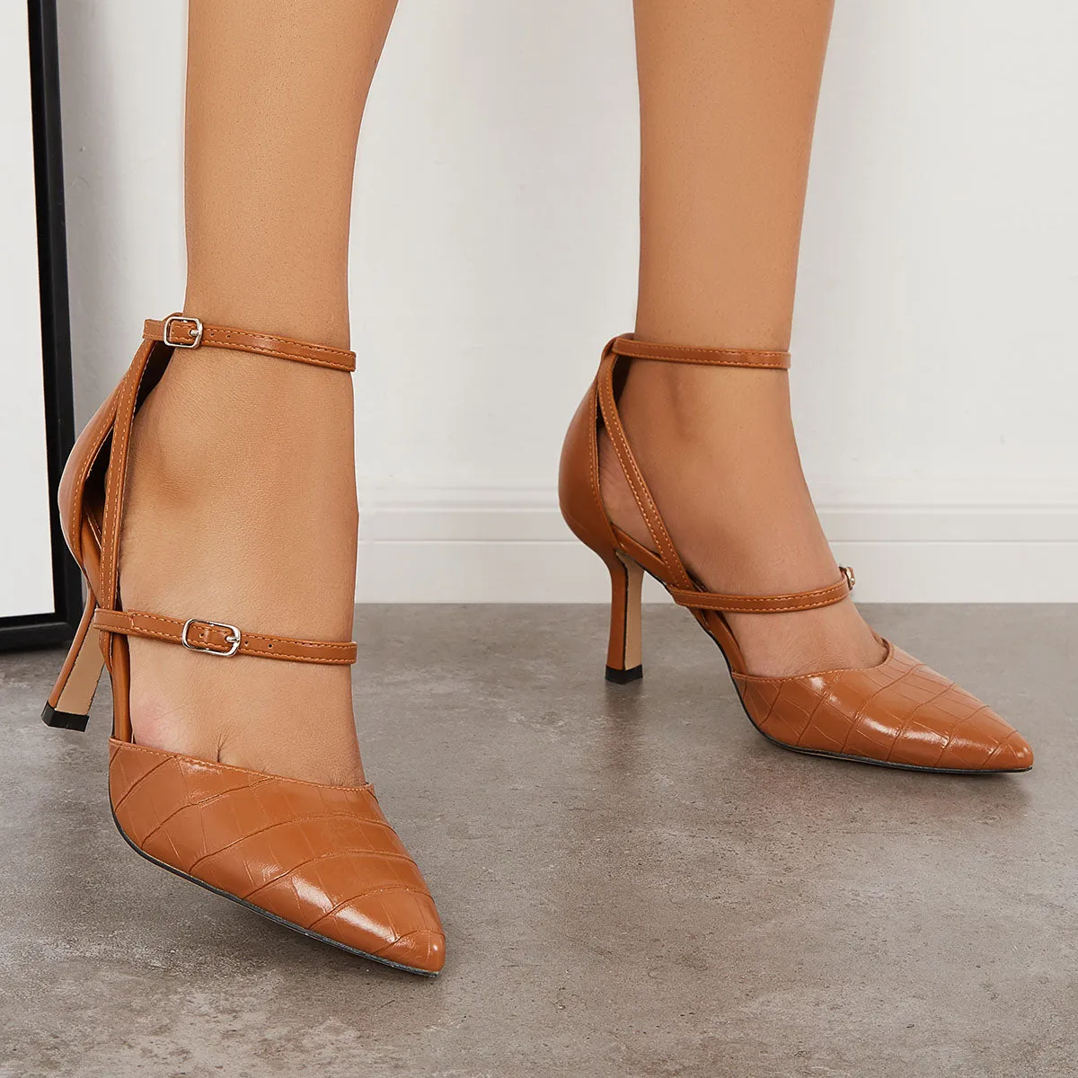 Sohiwoo woman formal Point Toe Buckle Strappy Kitten Heels Ankle Strap Pumps