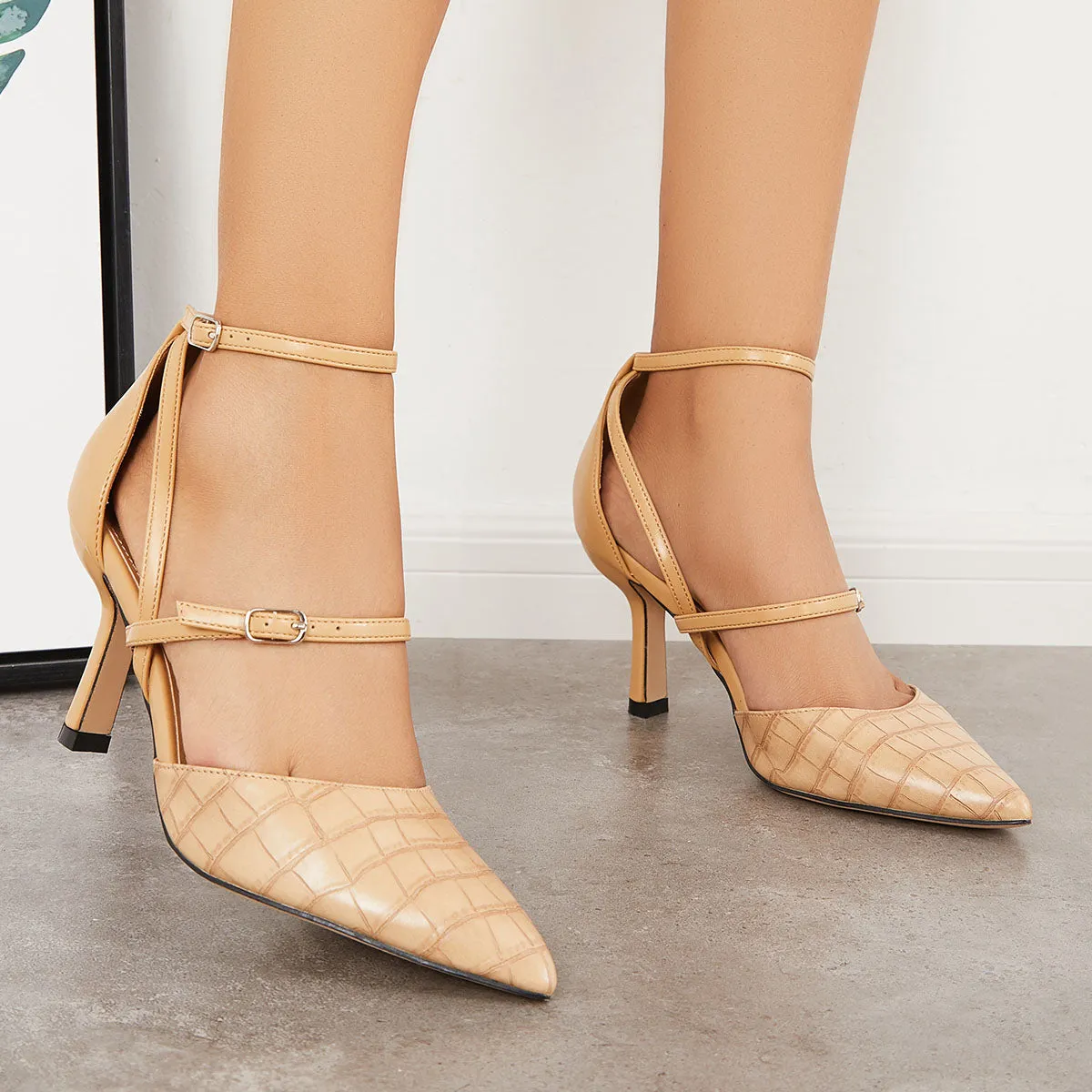Sohiwoo woman formal Point Toe Buckle Strappy Kitten Heels Ankle Strap Pumps