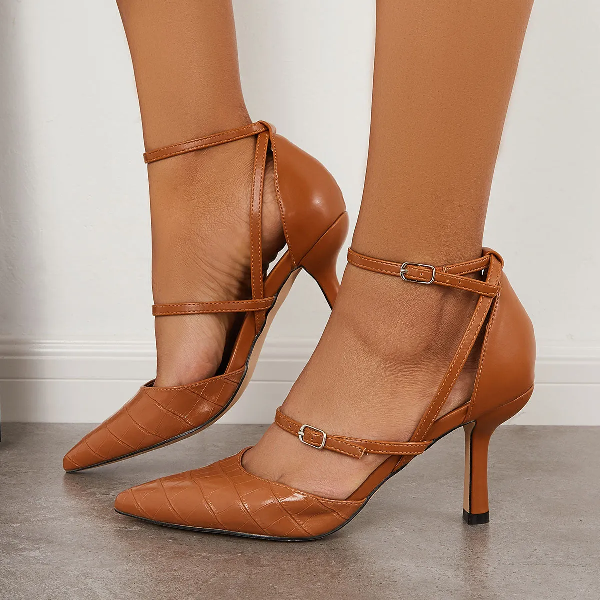 Sohiwoo woman formal Point Toe Buckle Strappy Kitten Heels Ankle Strap Pumps