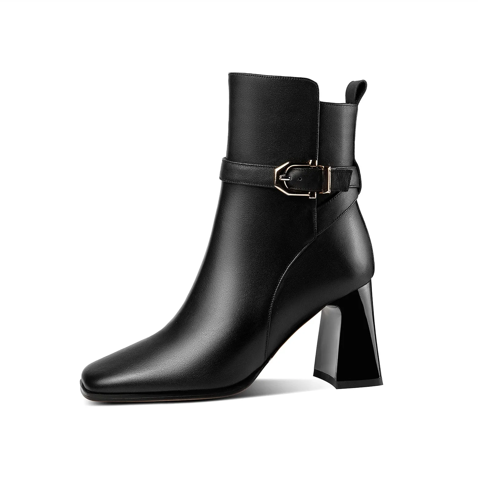 TinaCus Handmade Women's Genuine Leather Ankle Strap Side Zipper Square Toe High Block Heel Short Boots