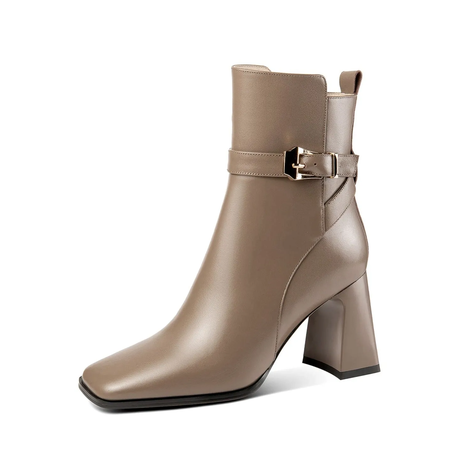 TinaCus Handmade Women's Genuine Leather Ankle Strap Side Zipper Square Toe High Block Heel Short Boots