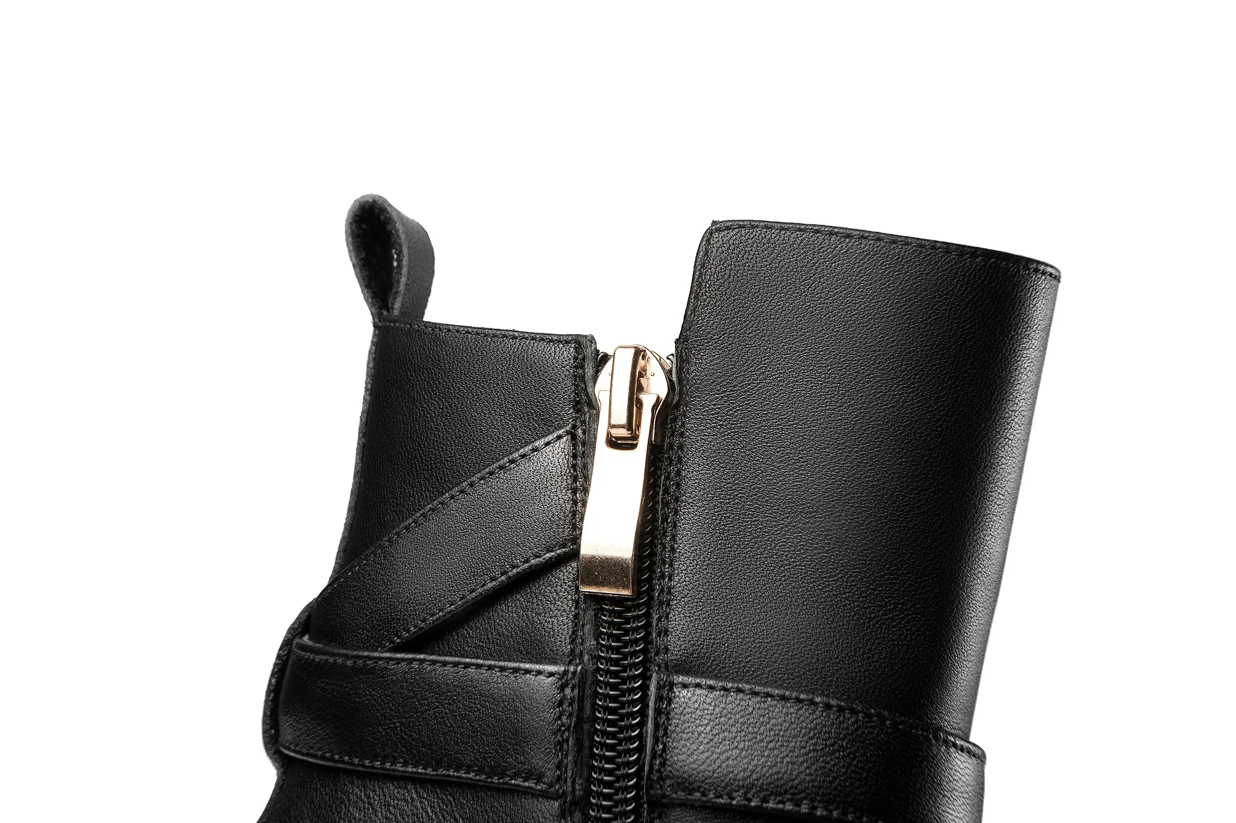 TinaCus Handmade Women's Genuine Leather Ankle Strap Side Zipper Square Toe High Block Heel Short Boots