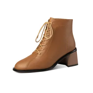 TinaCus Women's Genuine Leather Handmade Block Heel Lace Up Round Toe Ankle Boots