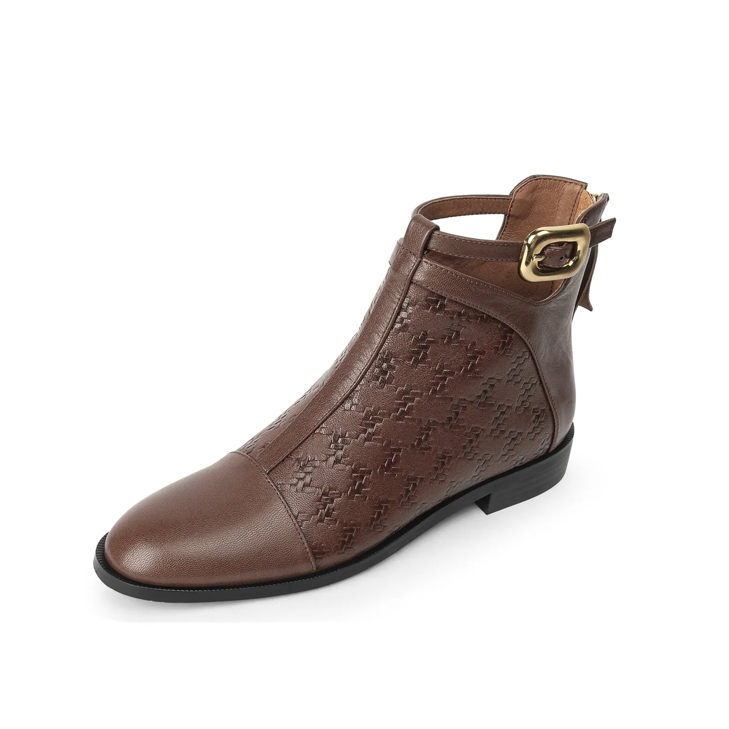 TinaCus Women's Genuine Leather Handmade Flat Zip Up Round Toe Ankle Boots with Buckle
