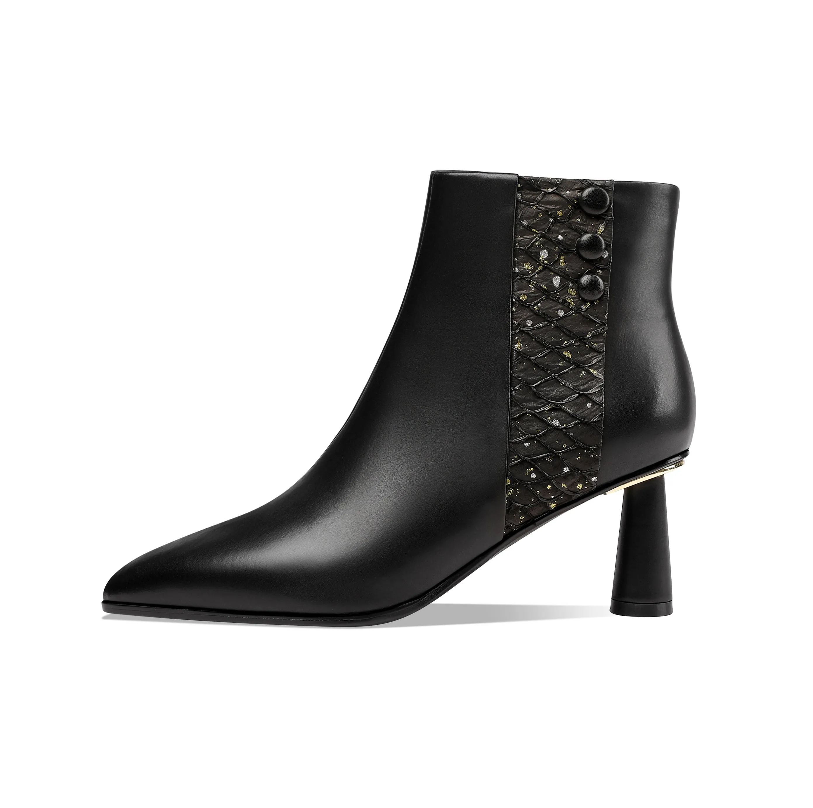 TinaCus Women's Genuine Leather Handmade Side Zip Up Elegant Cone Heel Button Decor Black Ankle Boots