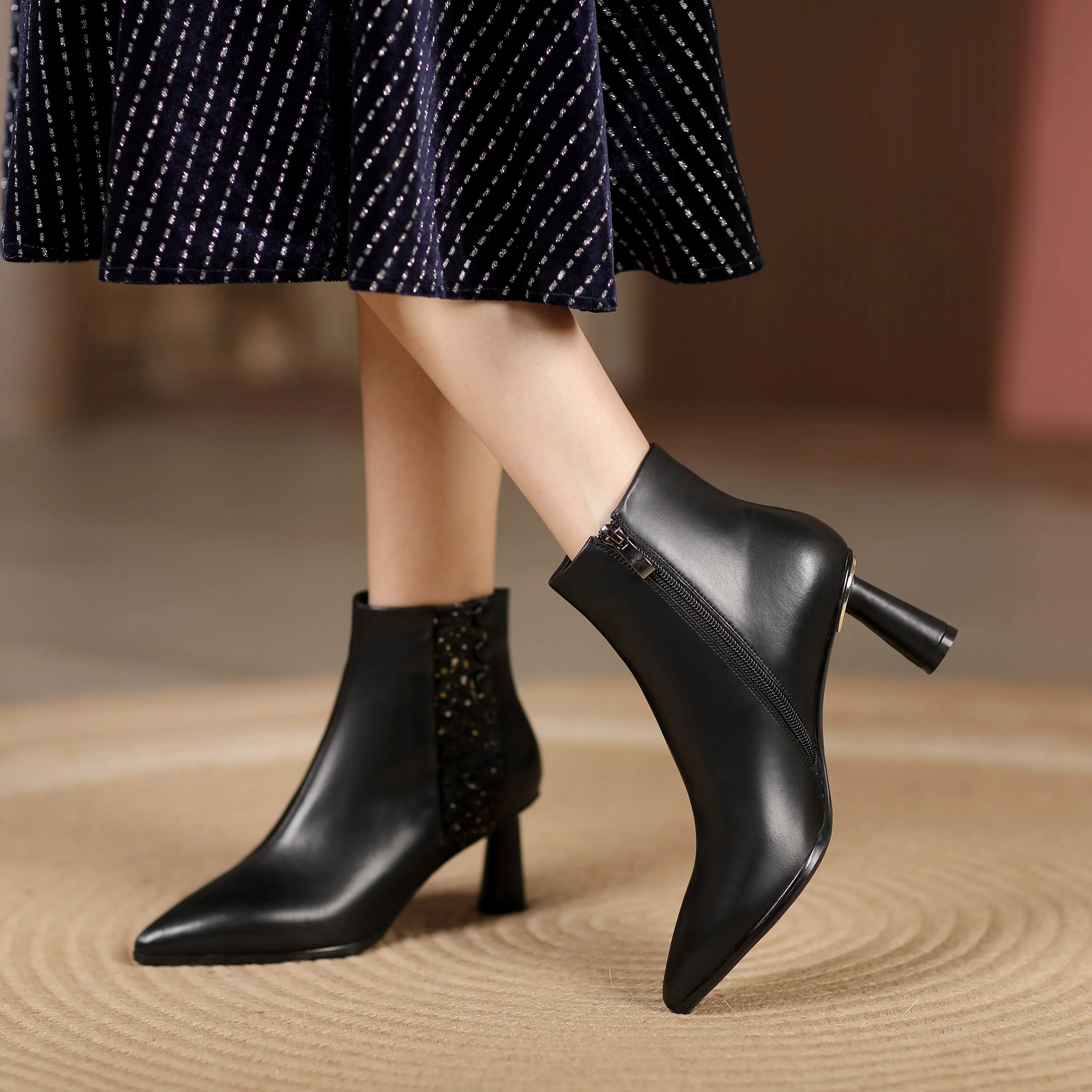 TinaCus Women's Genuine Leather Handmade Side Zip Up Elegant Cone Heel Button Decor Black Ankle Boots