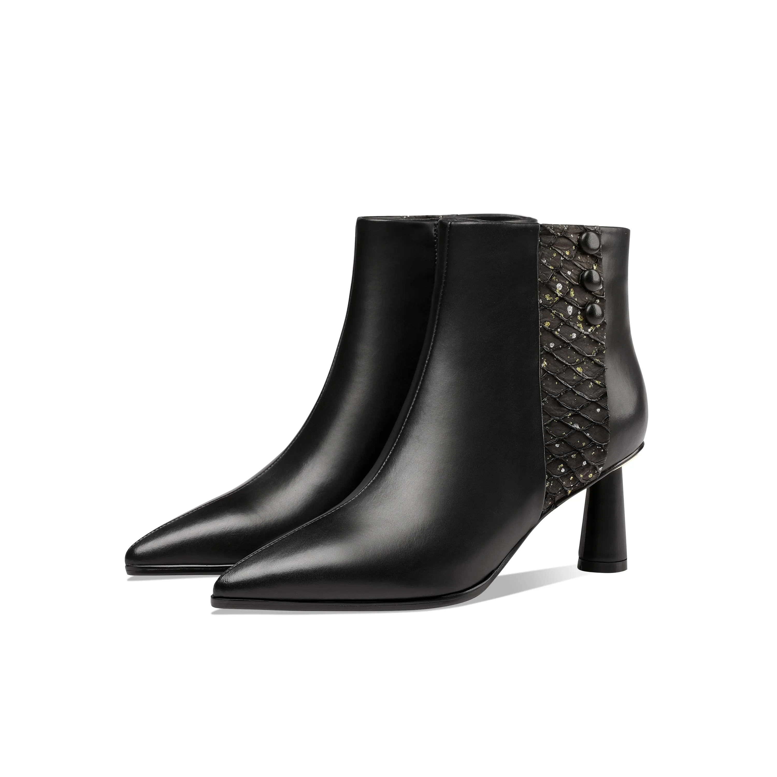 TinaCus Women's Genuine Leather Handmade Side Zip Up Elegant Cone Heel Button Decor Black Ankle Boots