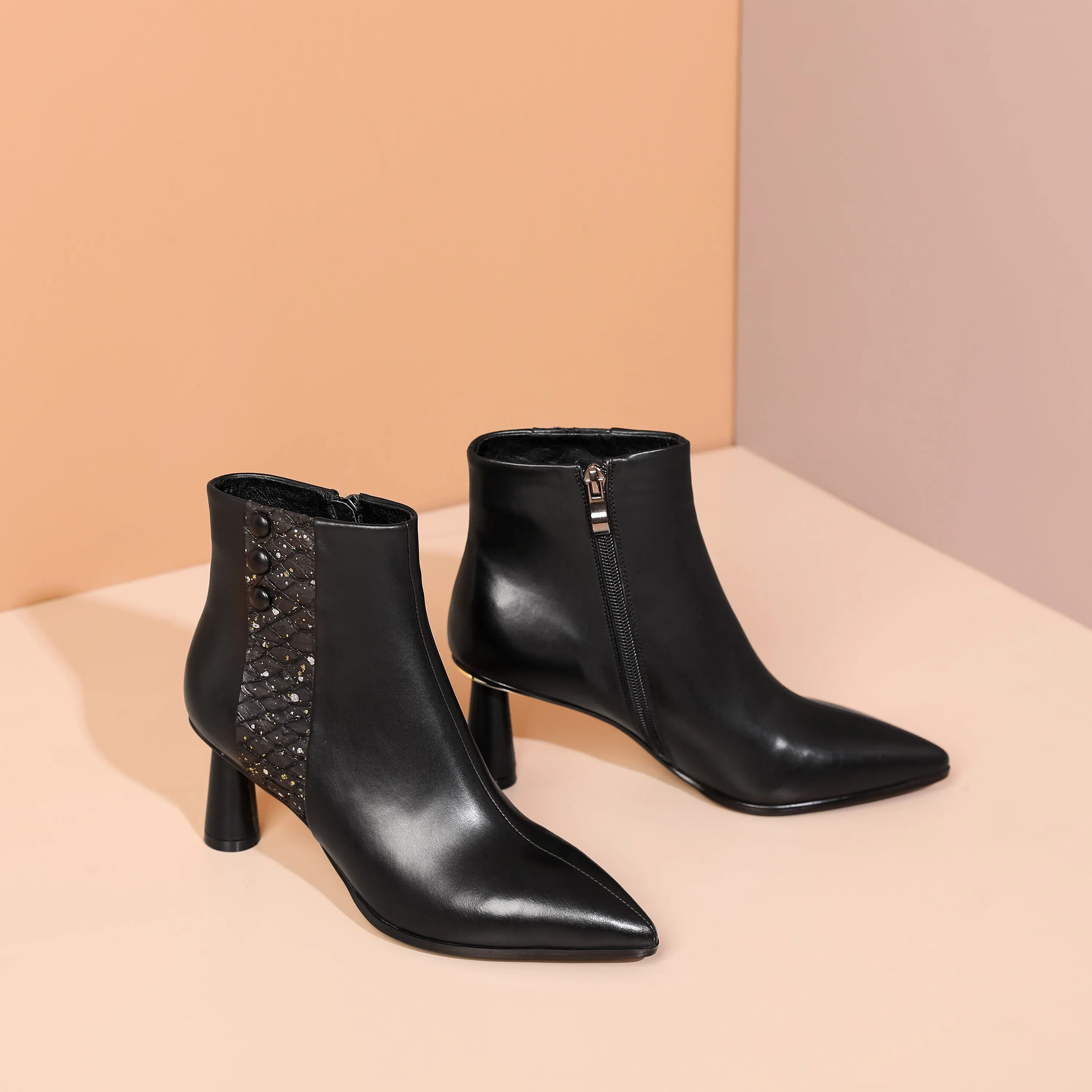 TinaCus Women's Genuine Leather Handmade Side Zip Up Elegant Cone Heel Button Decor Black Ankle Boots