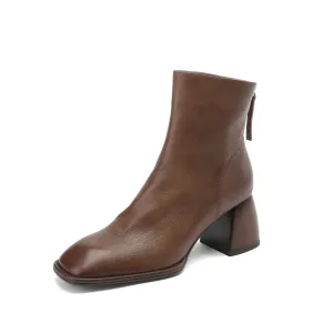 TinaCus Women's Genuine Leather Square Toe Handmade Chunky Heel Back Zip Up Ankle Boots