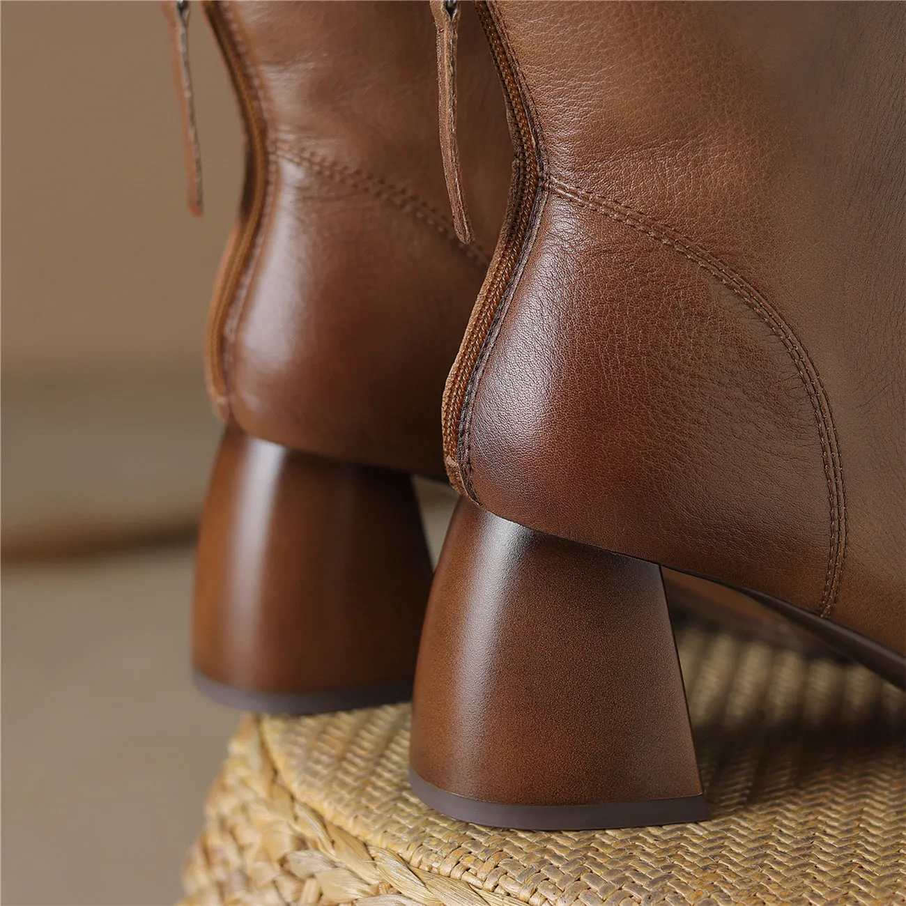 TinaCus Women's Genuine Leather Square Toe Handmade Chunky Heel Back Zip Up Ankle Boots