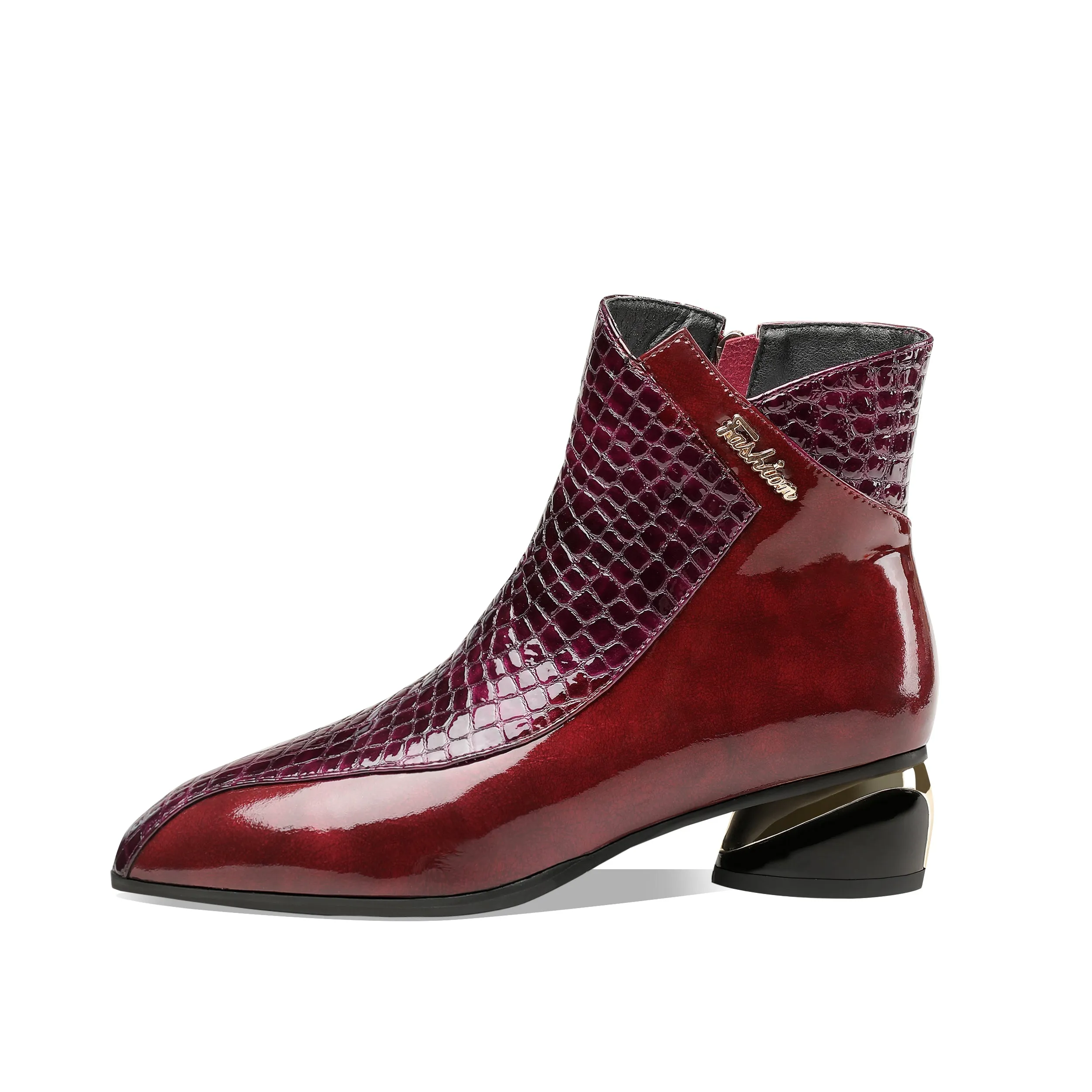 TinaCus Women's Handmade Patent Leather Pointed Toe Side Zip Up Low Chunky Heel Casual Ankle Boots