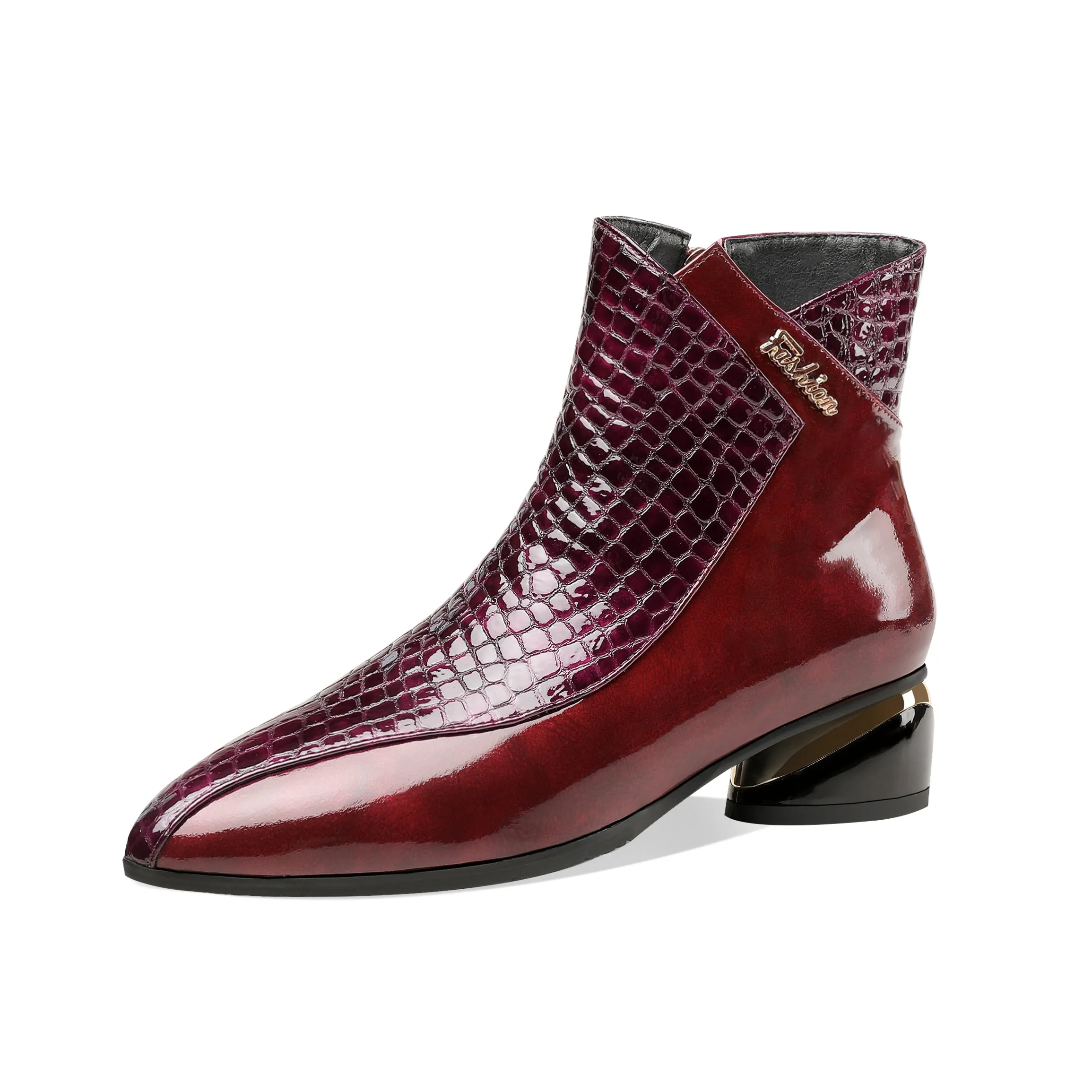 TinaCus Women's Handmade Patent Leather Pointed Toe Side Zip Up Low Chunky Heel Casual Ankle Boots
