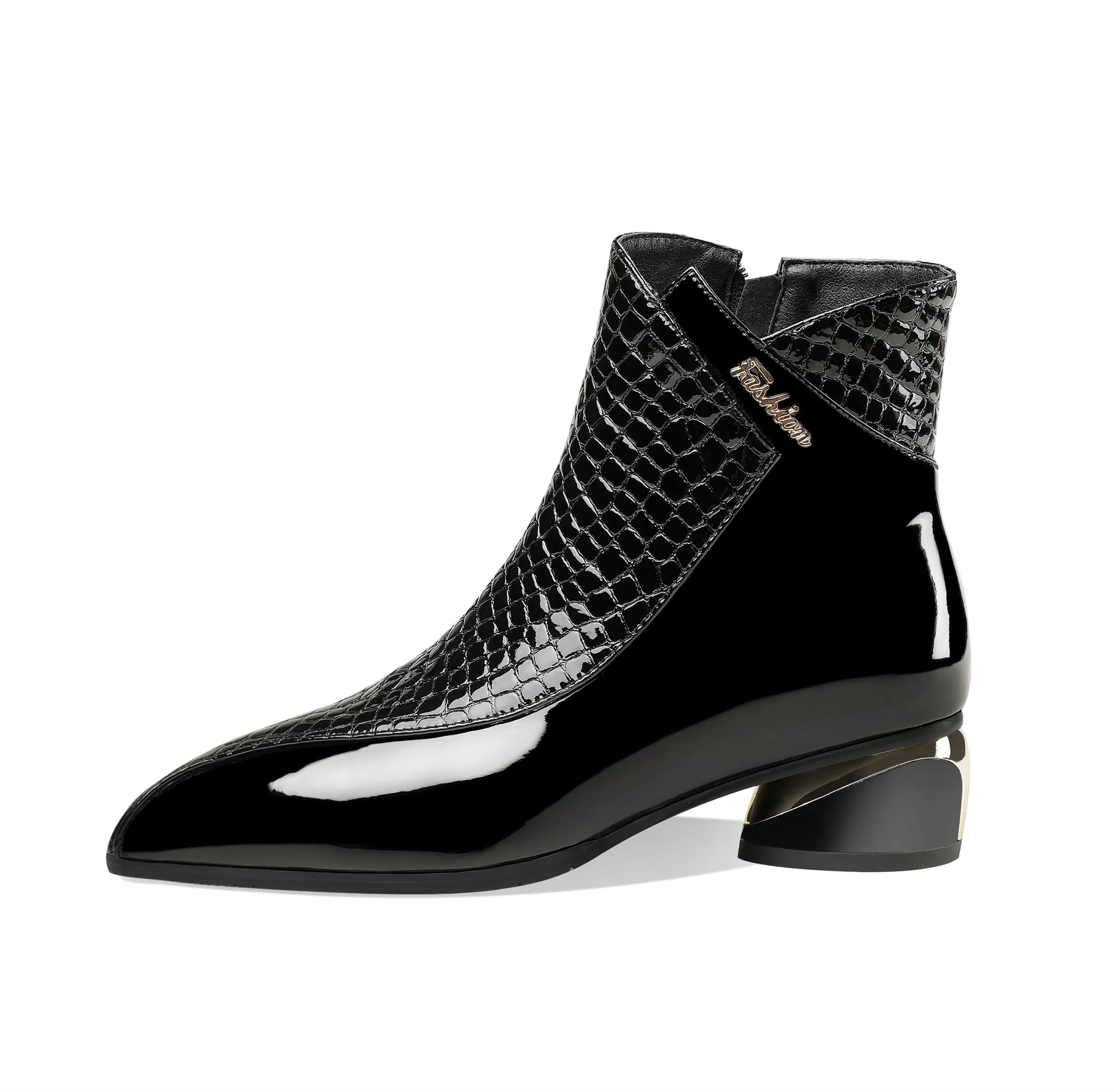 TinaCus Women's Handmade Patent Leather Pointed Toe Side Zip Up Low Chunky Heel Casual Ankle Boots