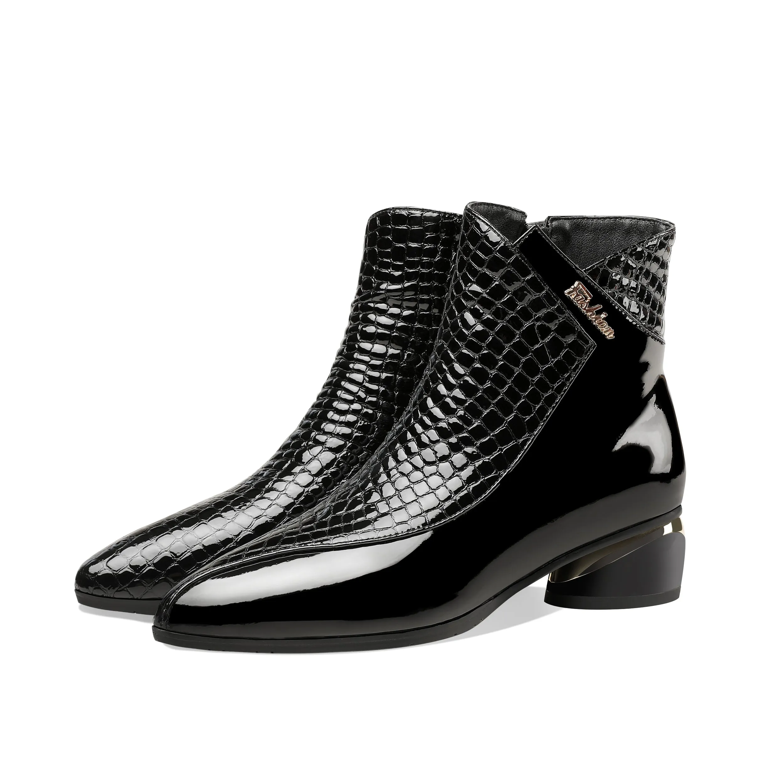TinaCus Women's Handmade Patent Leather Pointed Toe Side Zip Up Low Chunky Heel Casual Ankle Boots
