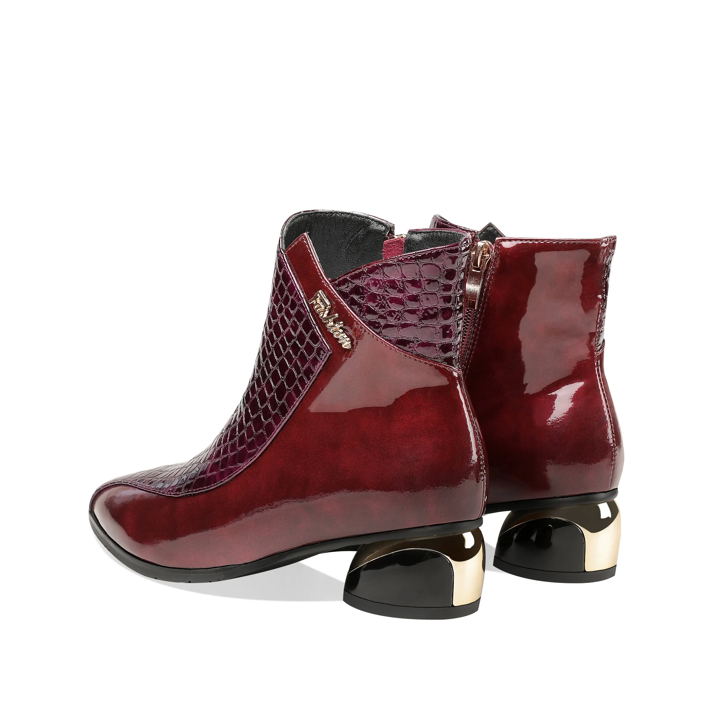 TinaCus Women's Handmade Patent Leather Pointed Toe Side Zip Up Low Chunky Heel Casual Ankle Boots