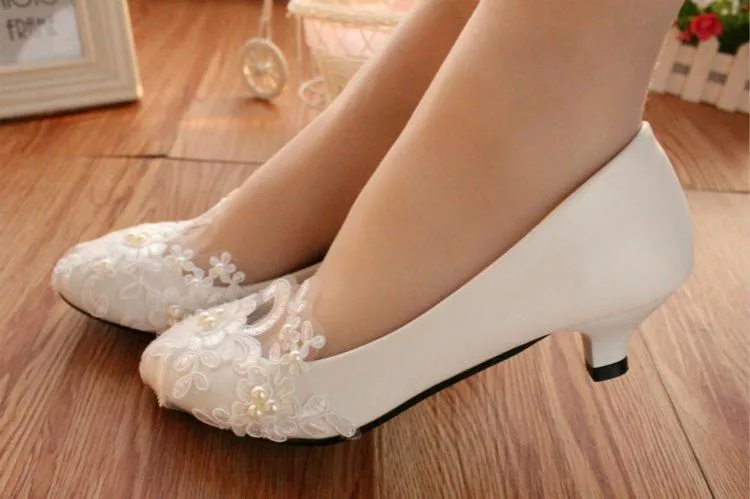 White floral lace kitten heel wedding shoes elegant closed toe bridal pumps