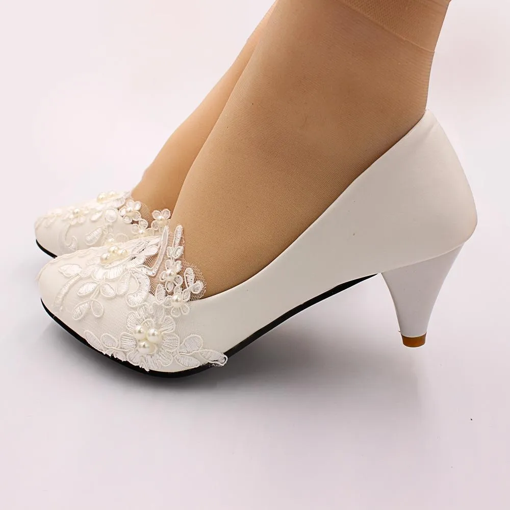 White floral lace kitten heel wedding shoes elegant closed toe bridal pumps