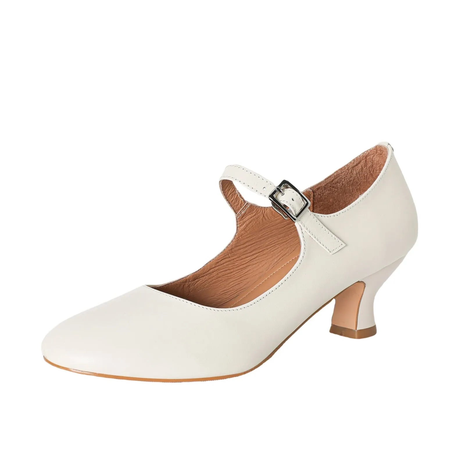 Womens Leather Round Toe Kitten Heel Mary Jane Pumps